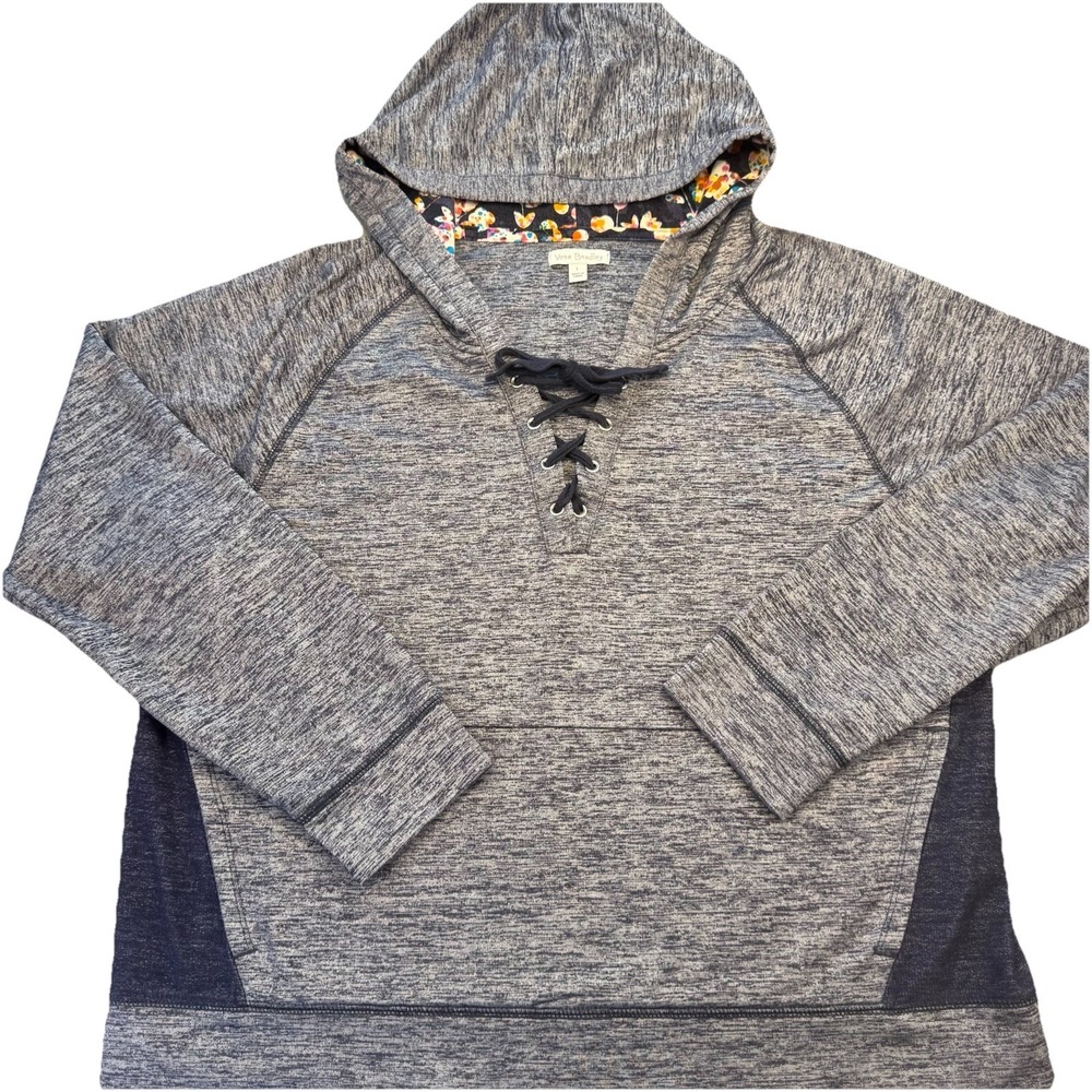 Vera Bradley Women's L Navy Blue Heathered Lace Up Hoodie Floral Lining
